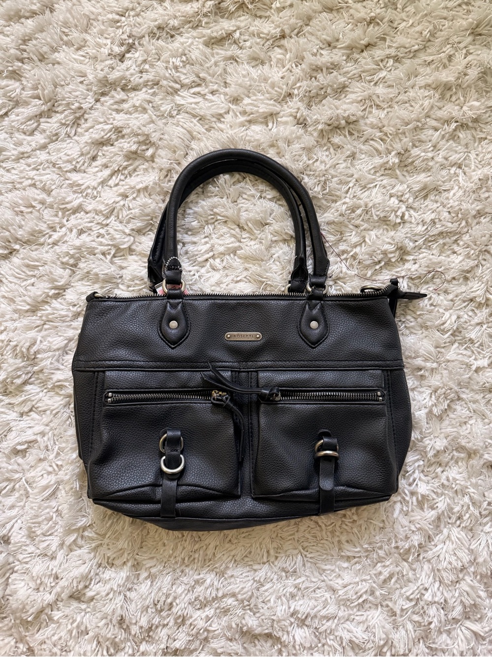Rosetti Black Pebbled Leather Shoulder Bag with Front Pockets